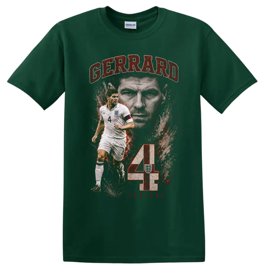 Steven Gerrard England number 4 soccer tribute graphic with captain portrait on a Forest Green T Shirt