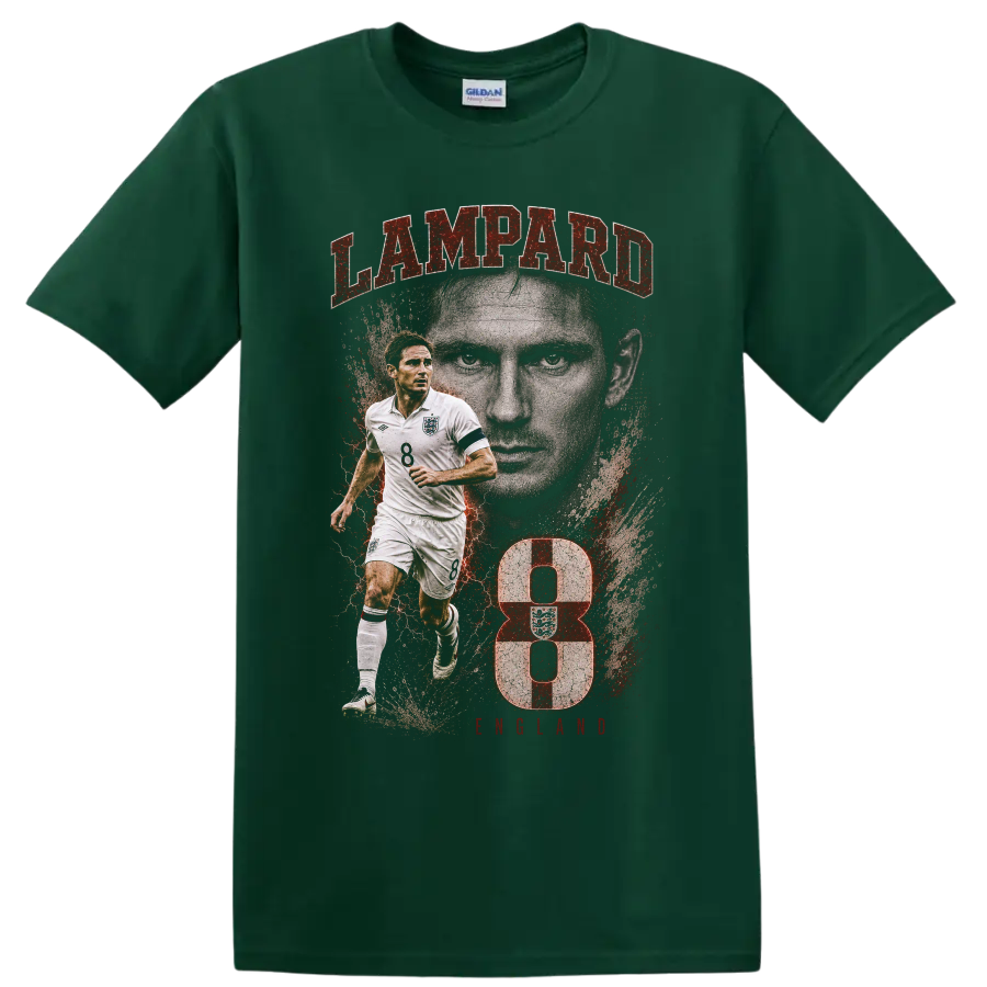 Frank Lampard England soccer portrait graphic with LAMPARD text and number 8 on a Forest Green T Shirt