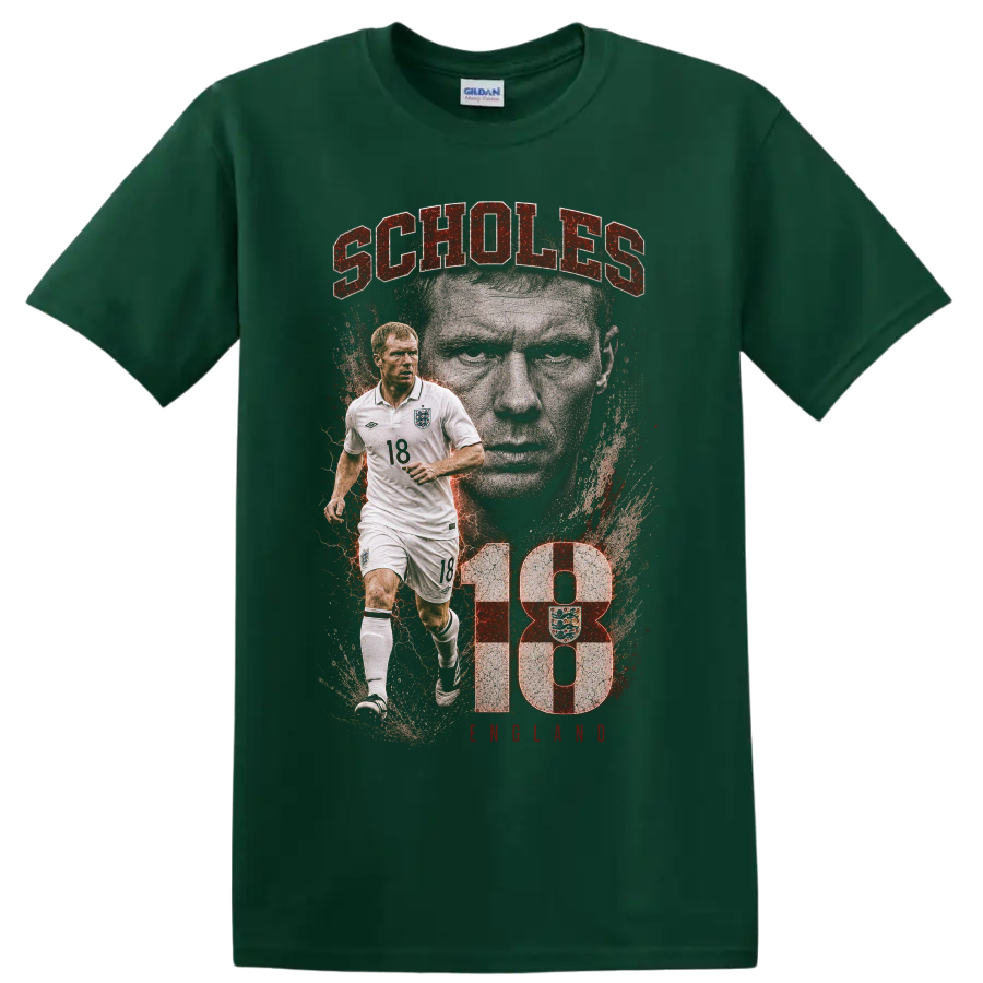 Paul Scholes England soccer portrait graphic with SCHOLES text on a Forest Green T Shirt