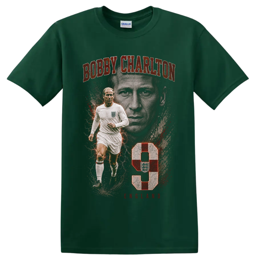 Bobby Charlton vintage soccer portrait graphic with England kit and number 9 on a Forest Green T Shirt