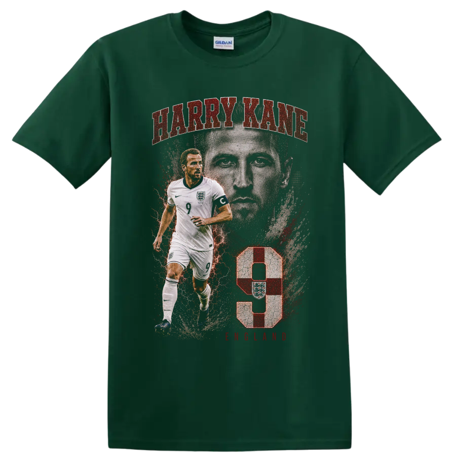 Harry Kane England soccer graphic with number 9 on a Forest Green T Shirt