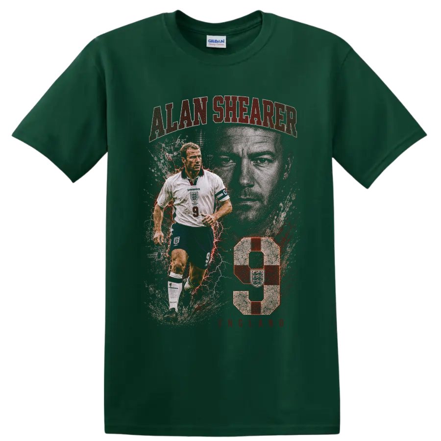 Alan Shearer England number 9 distressed soccer action portrait graphic on a Forest Green T Shirt