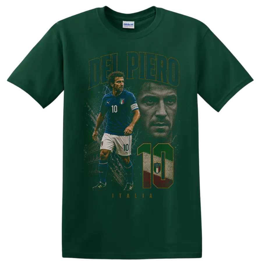 Alessandro Del Piero Italy soccer graphic with DEL PIERO and number 10 on a Forest Green T Shirt