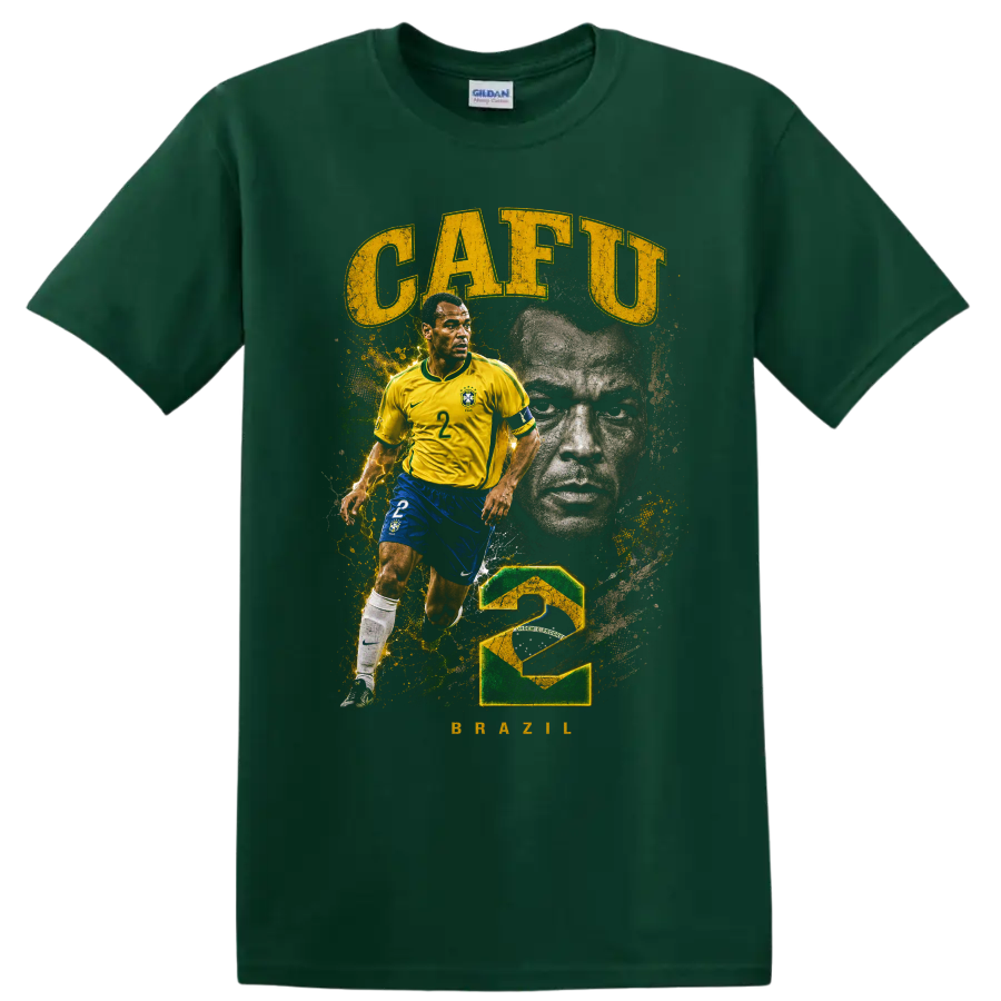 Cafu Brazil soccer player retro graphic with CAFU text and number 2 on a Forest Green T Shirt
