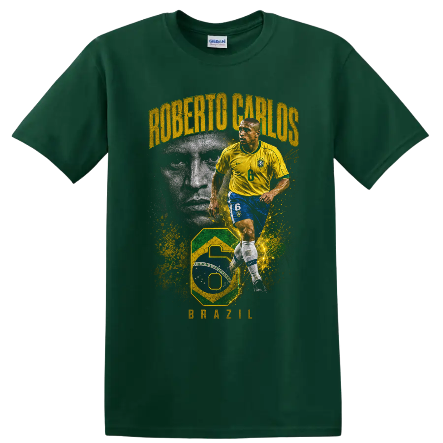 Roberto Carlos Brazil soccer action portrait with ROBERTO CARLOS and BRAZIL text on a Forest Green T Shirt