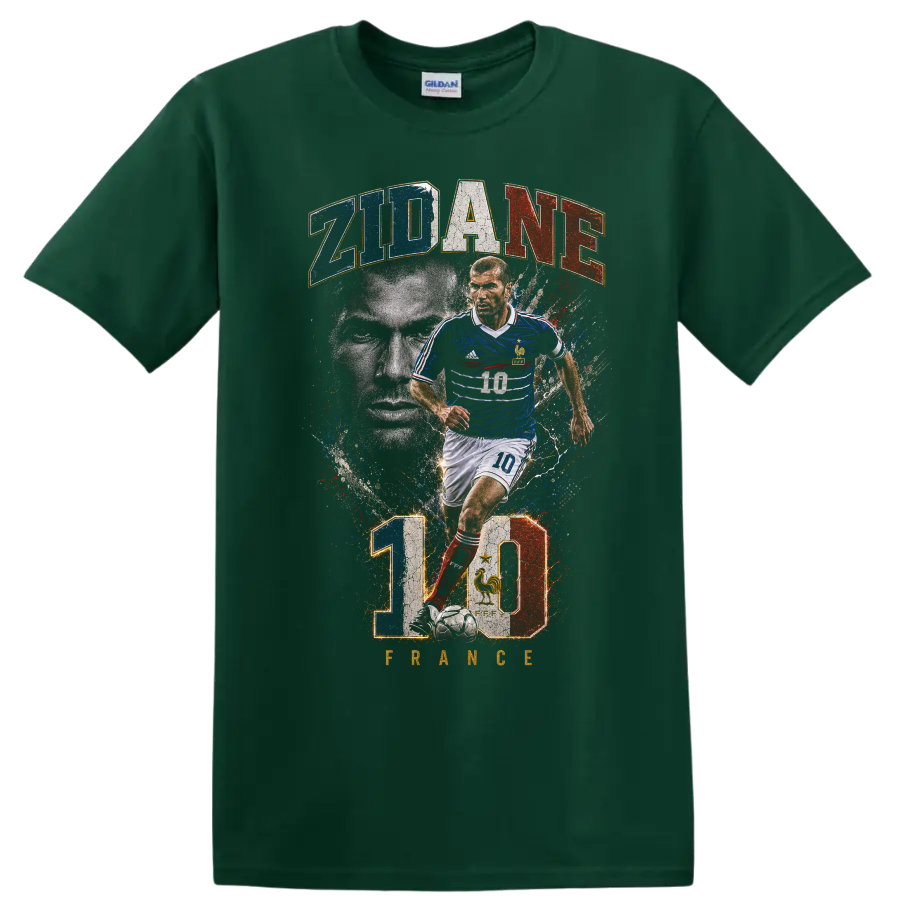 Zinedine Zidane France number 10 distressed soccer graphic on a Forest Green T Shirt