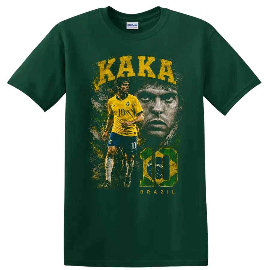 Kaká Brazil soccer graphic with action pose, portrait, and KAKA BRAZIL text on a Forest Green T Shirt