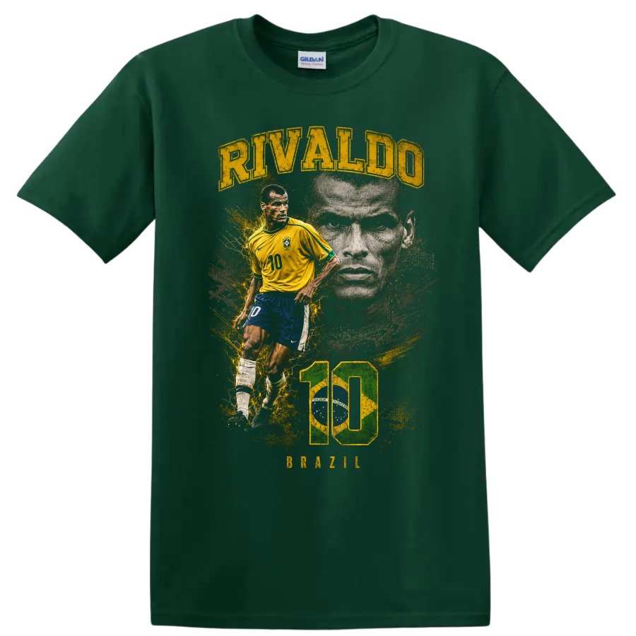 Rivaldo Brazil soccer graphic with number 10, action pose, and portrait on a Forest Green T Shirt