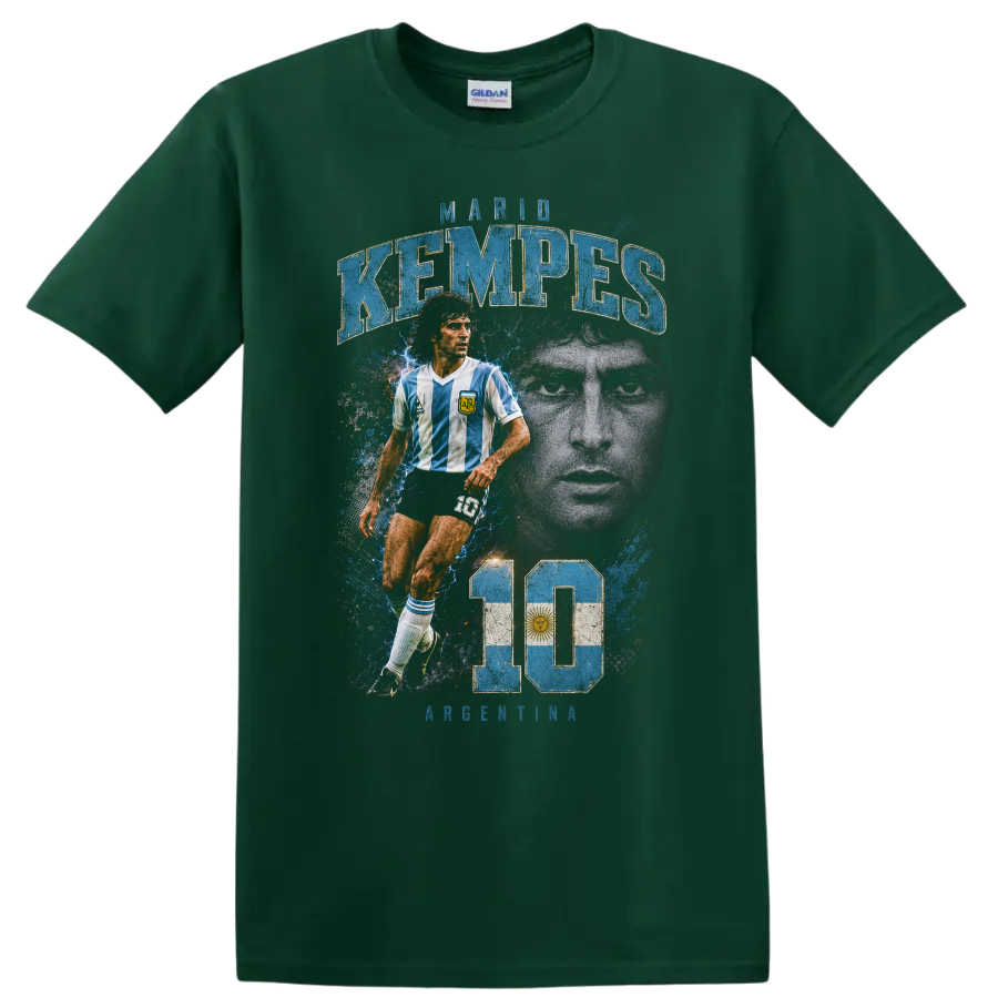 Mario Kempes Argentina soccer legend vintage number 10 graphic on a Forest Green T Shirt
