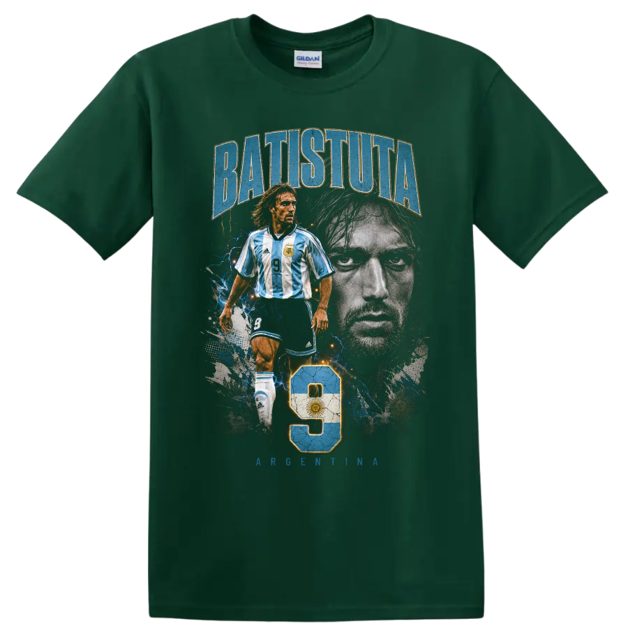 Gabriel Batistuta Argentina soccer portrait graphic with number 9 on a Forest Green T Shirt