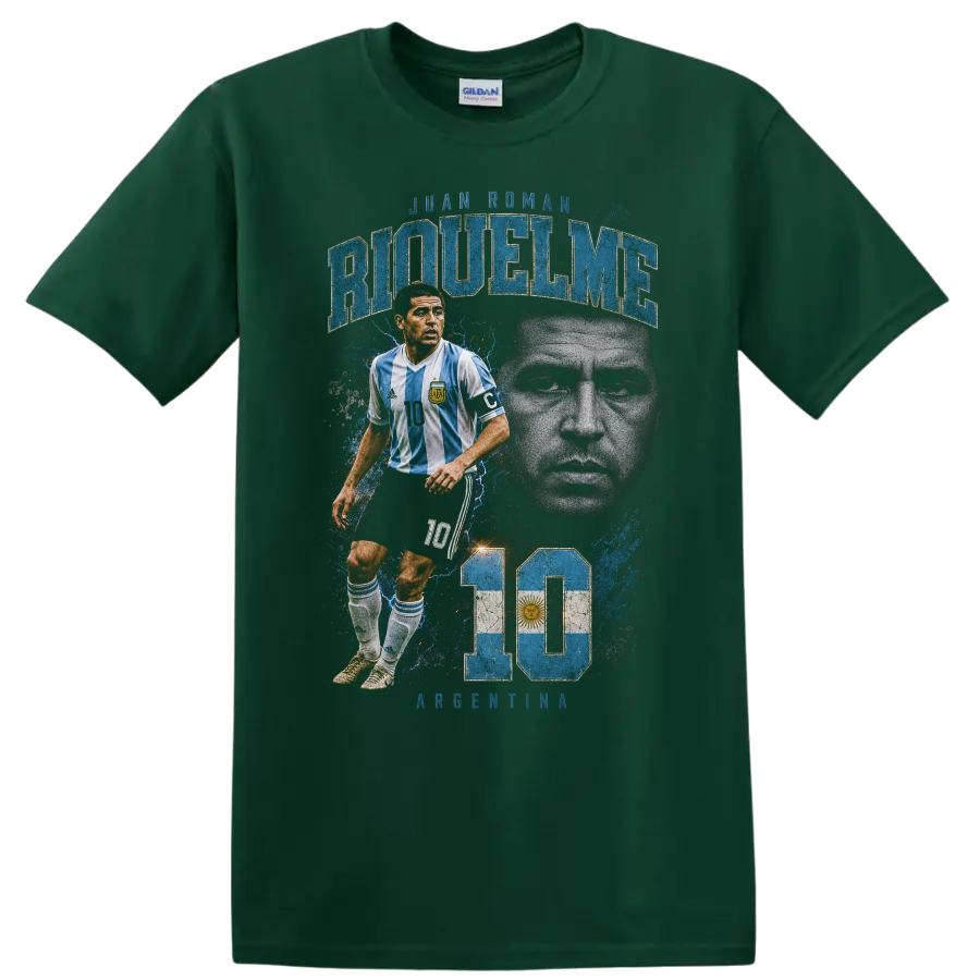 Juan Román Riquelme Argentina soccer portrait graphic print with number 10 on a Forest Green T Shirt