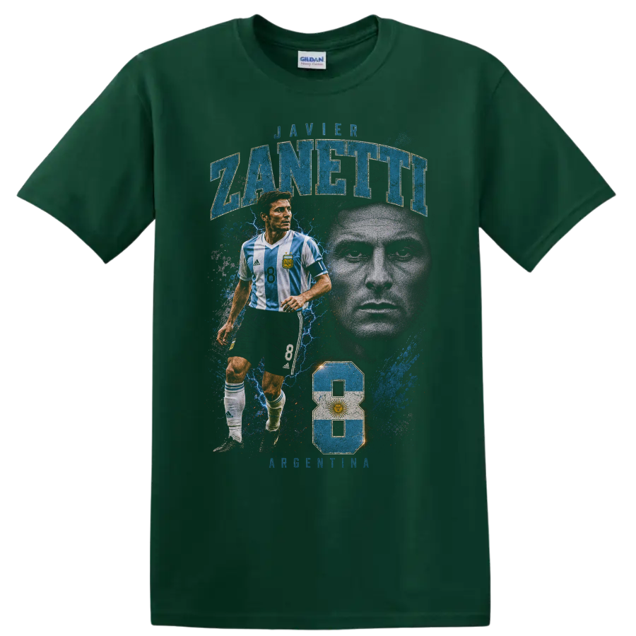 Javier Zanetti Argentina soccer portrait and action graphic with number 8 on a Forest Green T Shirt