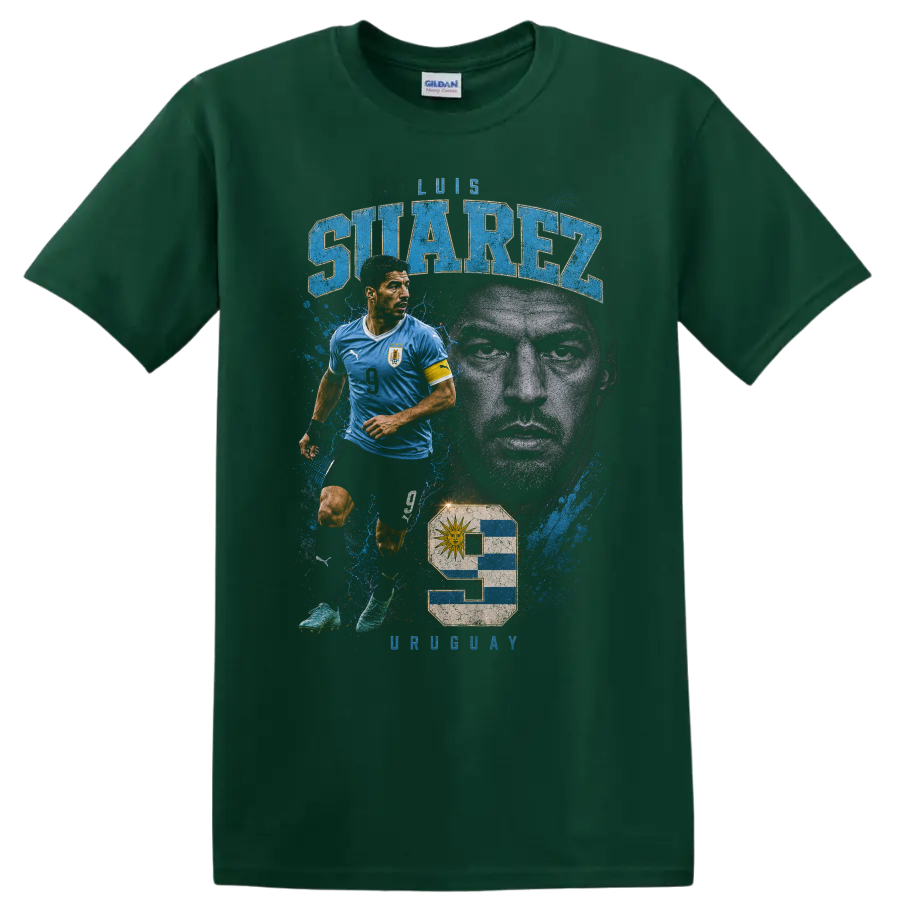 Luis Suárez Uruguay soccer action portrait graphic with bold name text on a Forest Green T Shirt