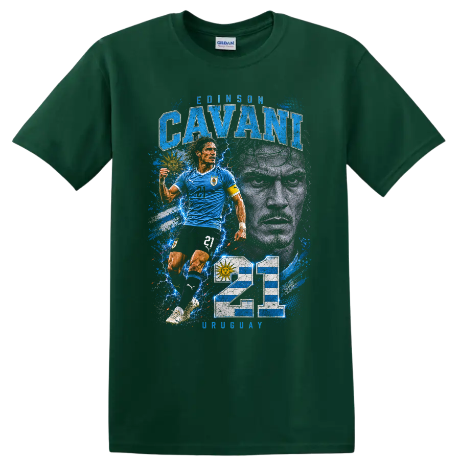 Edinson Cavani Uruguay soccer graphic with portrait, action pose, and number 21 on a Forest Green T Shirt