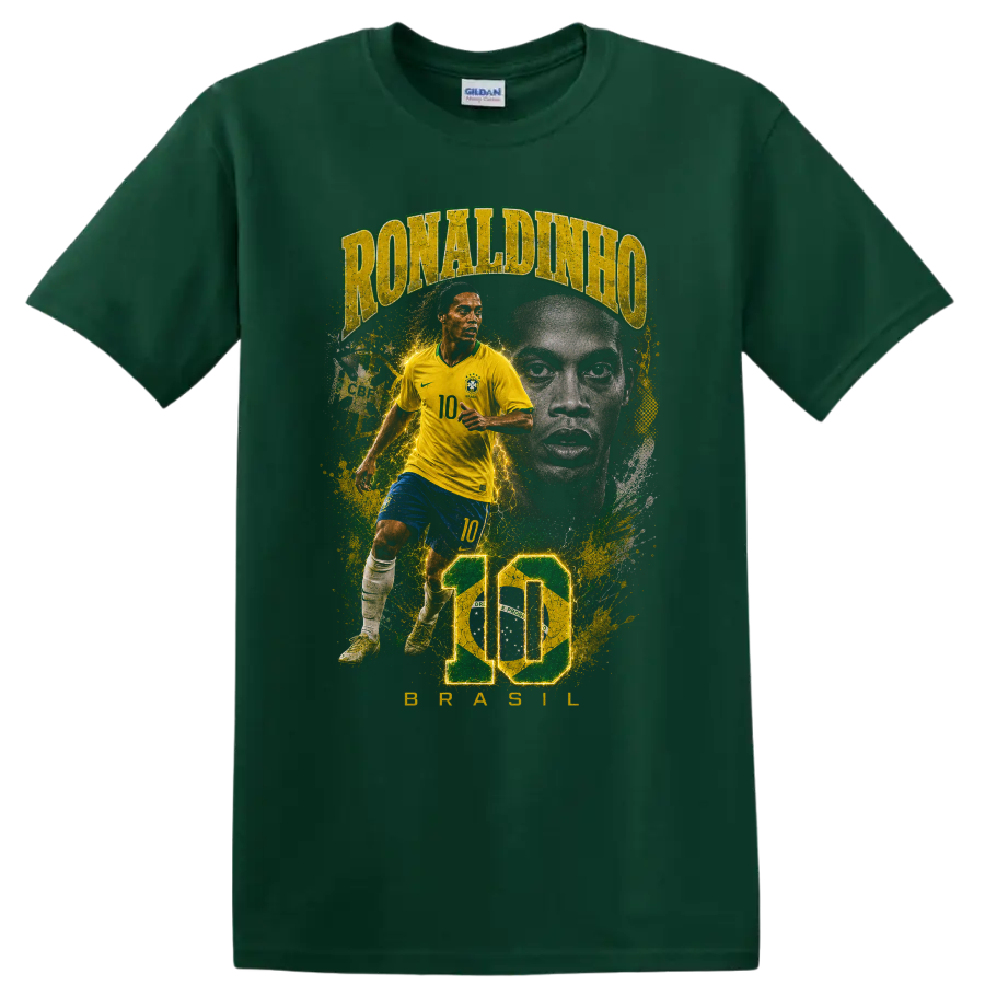 Ronaldinho Brazil soccer graphic with number 10 and bold portrait artwork on a Forest Green T Shirt