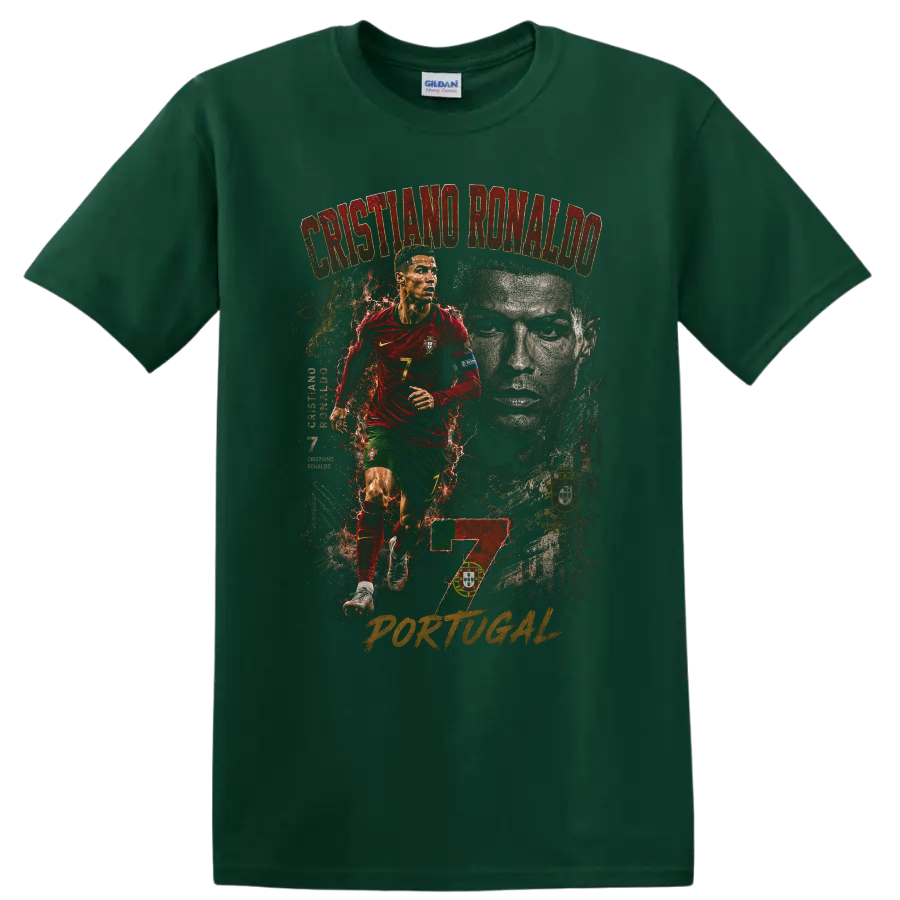 Cristiano Ronaldo Portugal soccer action portrait with number 7 on a Forest Green T Shirt