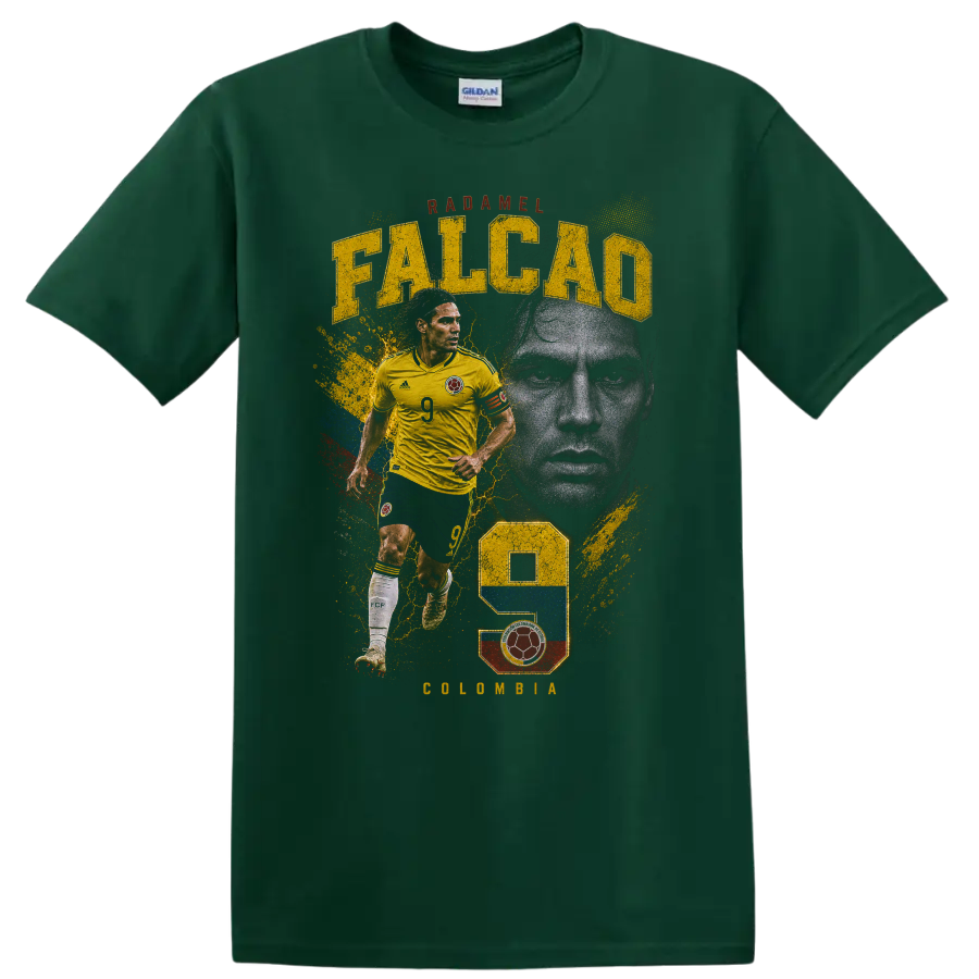 Radamel Falcao Colombia soccer graphic with FALCAO text and number 9 on a Forest Green T Shirt