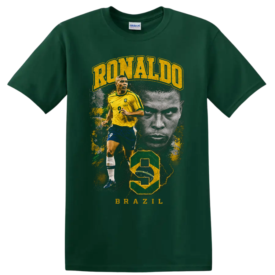 Ronaldo Nazário Brazil soccer action portrait graphic with bold lettering on a Forest Green T Shirt