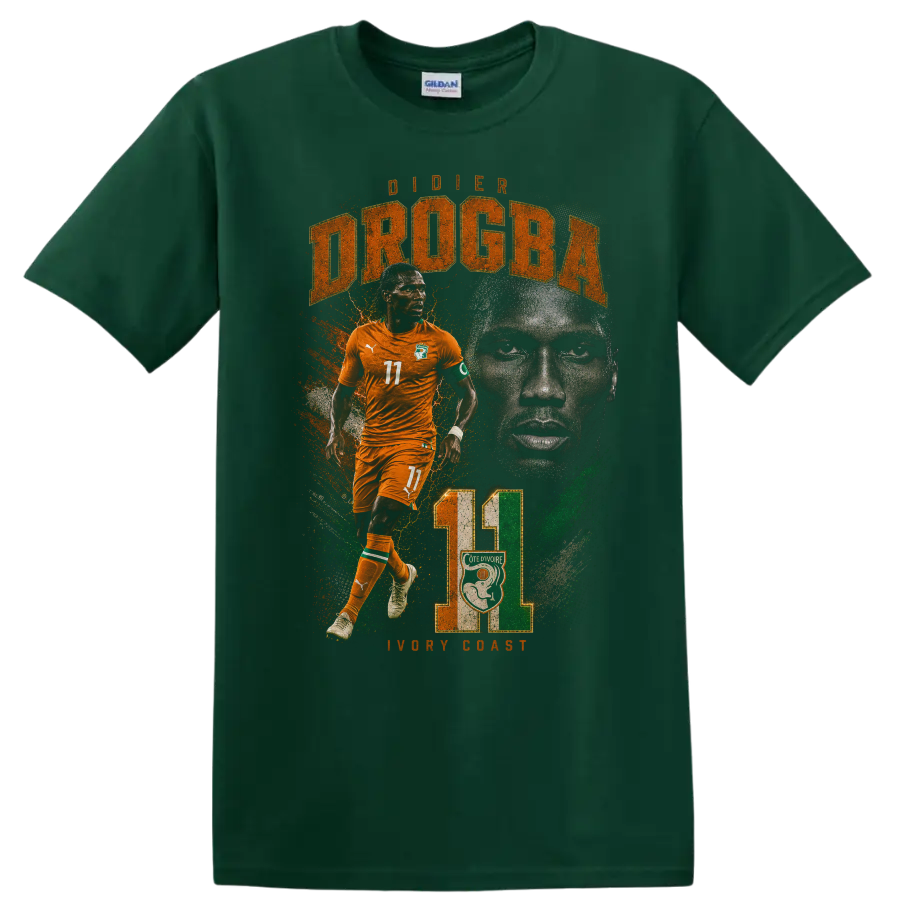 Didier Drogba Ivory Coast soccer action portrait with DROGBA text on a Forest Green T Shirt