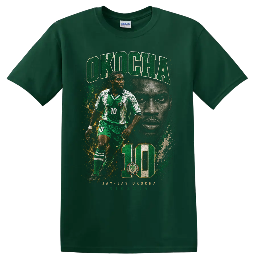 Jay-Jay Okocha Nigeria soccer graphic with OKOCHA and number 10 on a Forest Green T Shirt