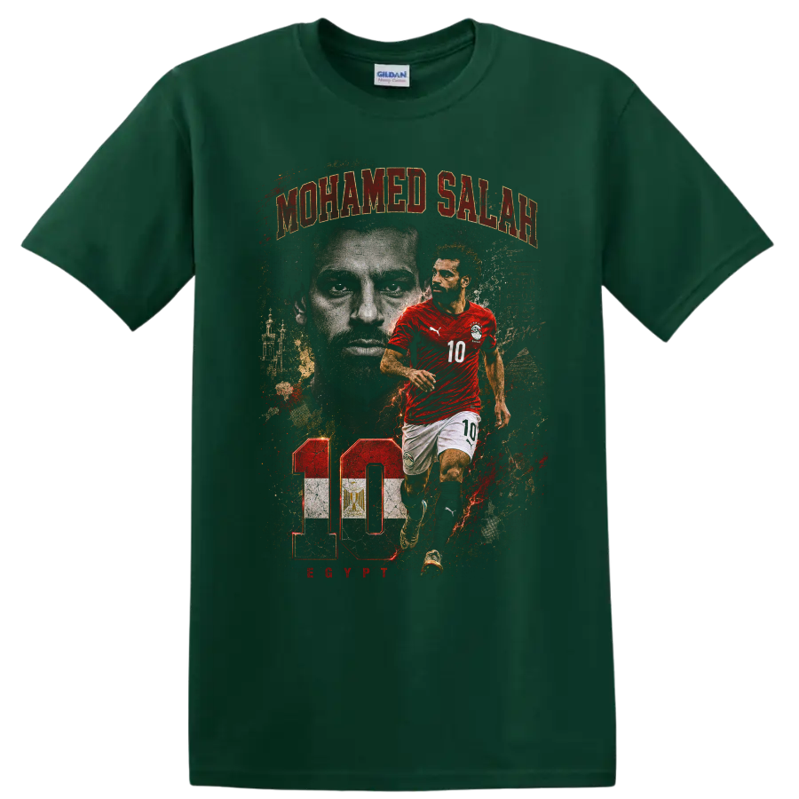 Mohamed Salah Egypt soccer action portrait with number 10 on a Forest Green T Shirt