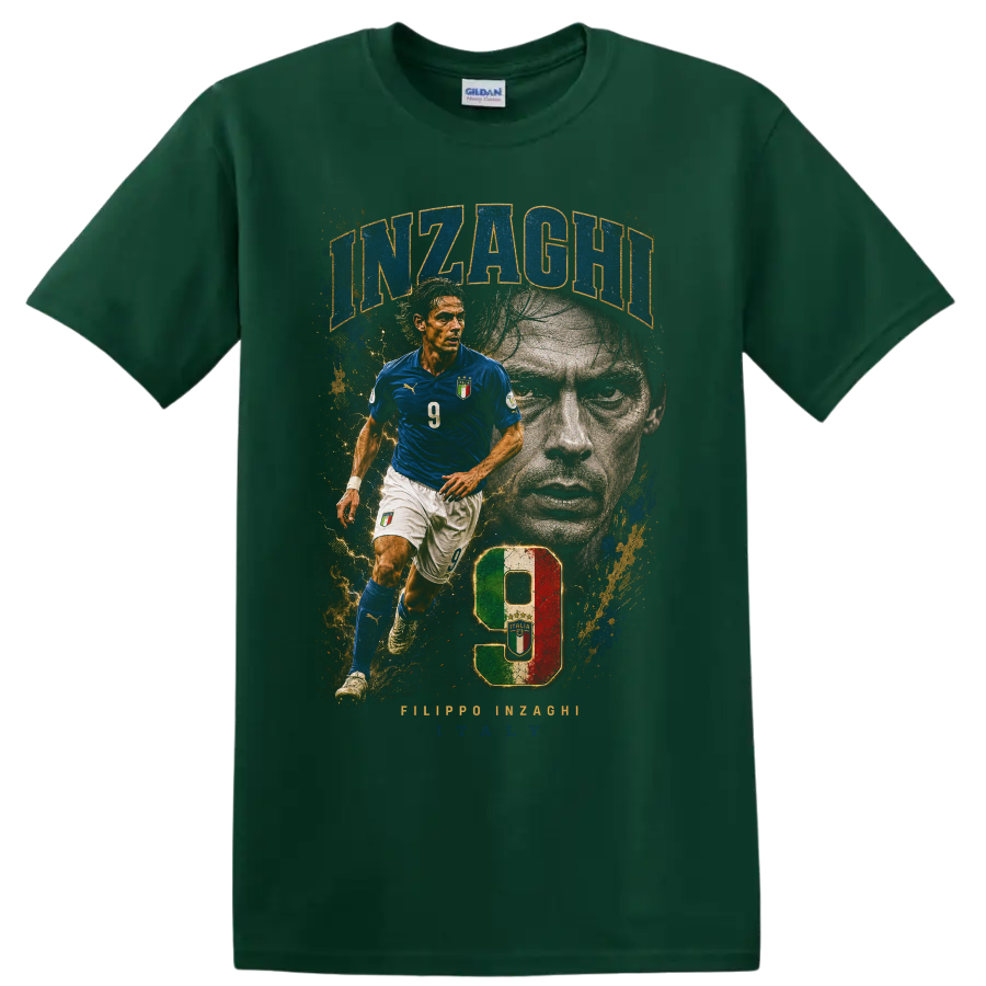 Filippo Inzaghi Italy soccer player number 9 distressed graphic print on a Forest Green T Shirt