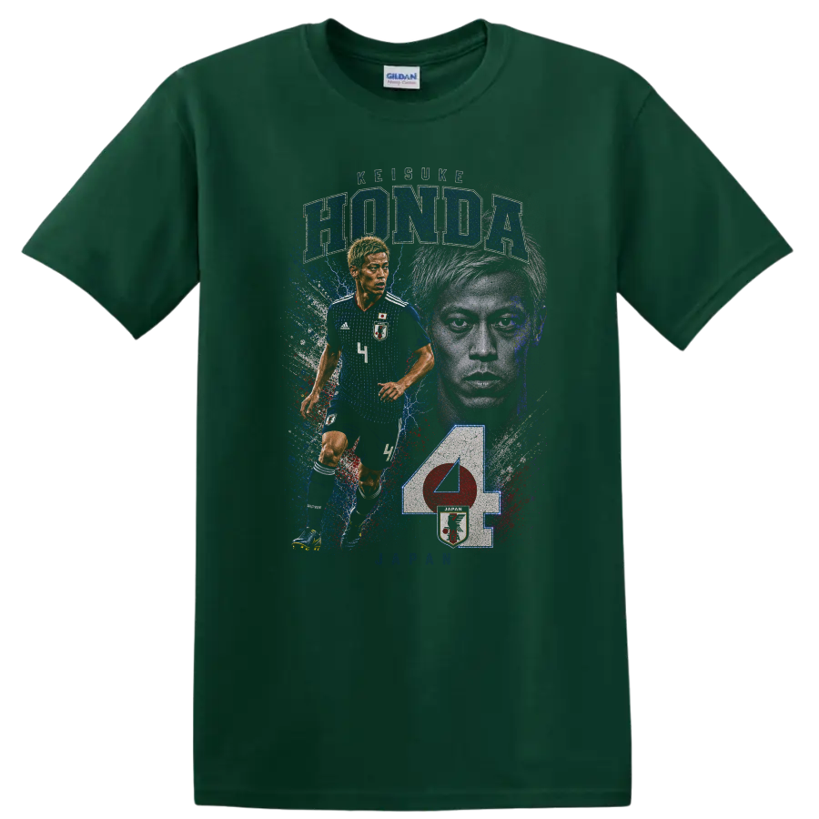 Keisuke Honda Japan soccer action portrait with HONDA and JAPAN text on a Forest Green T Shirt
