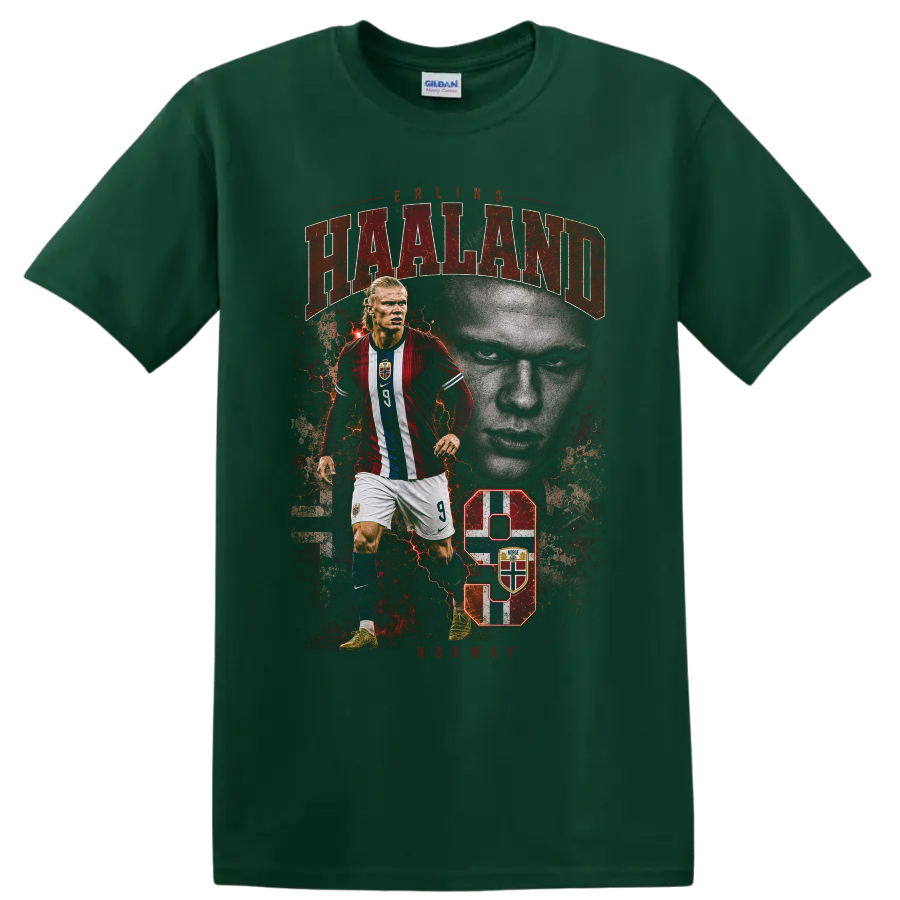 Erling Haaland Norway soccer player graphic with number 9 on a Forest Green T Shirt