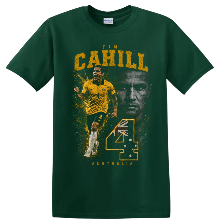 Tim Cahill Australia soccer tribute graphic with number 4 on a Forest Green T Shirt