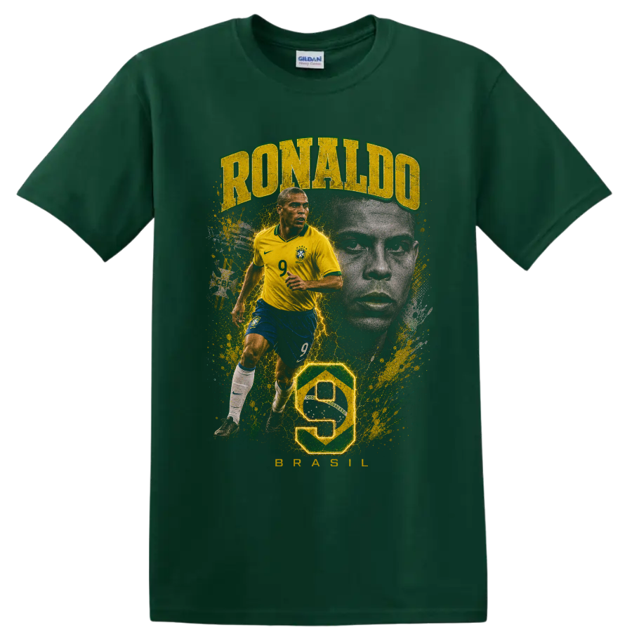 Ronaldo Nazário Brazil soccer collage with number 9 and portrait on a Forest Green T Shirt