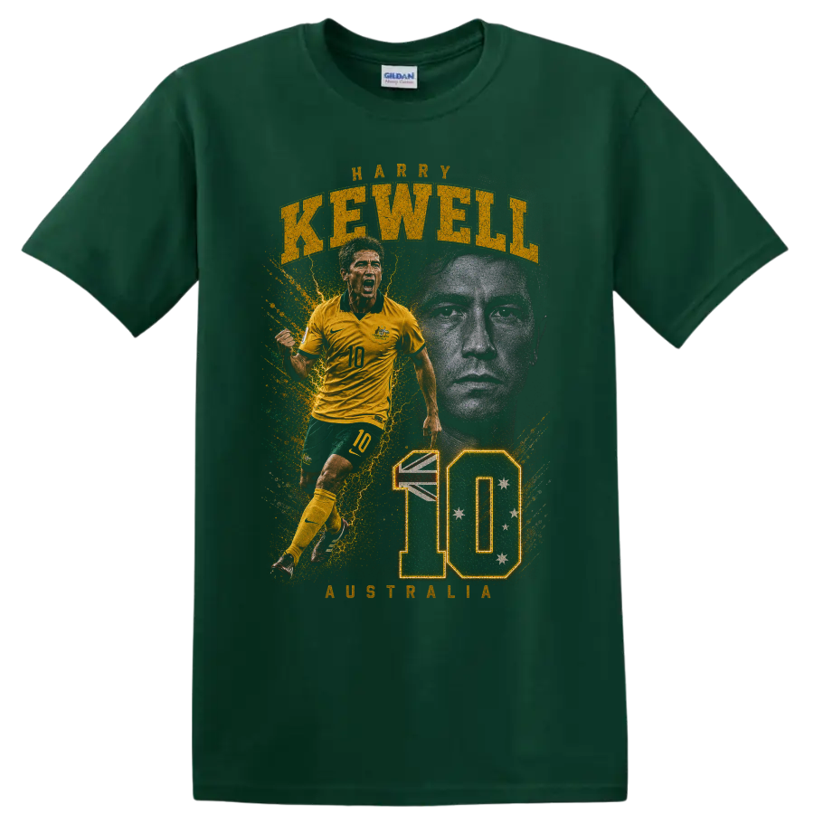 Harry Kewell Australia soccer graphic with KEWELL and number 10 on a Forest Green T Shirt