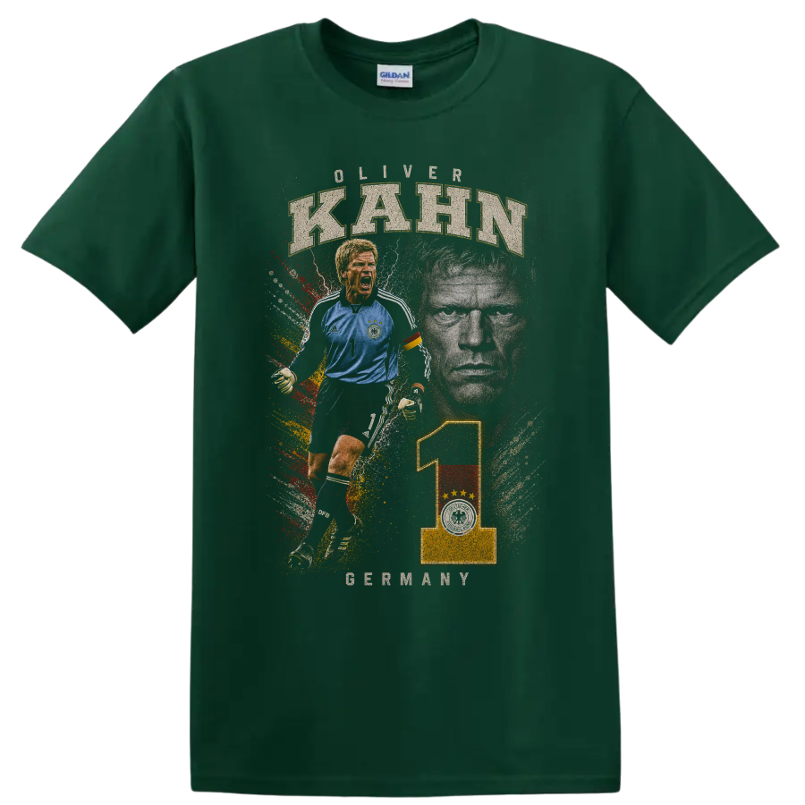 Oliver Kahn Germany goalkeeper graphic with KAHN text on a Forest Green T Shirt