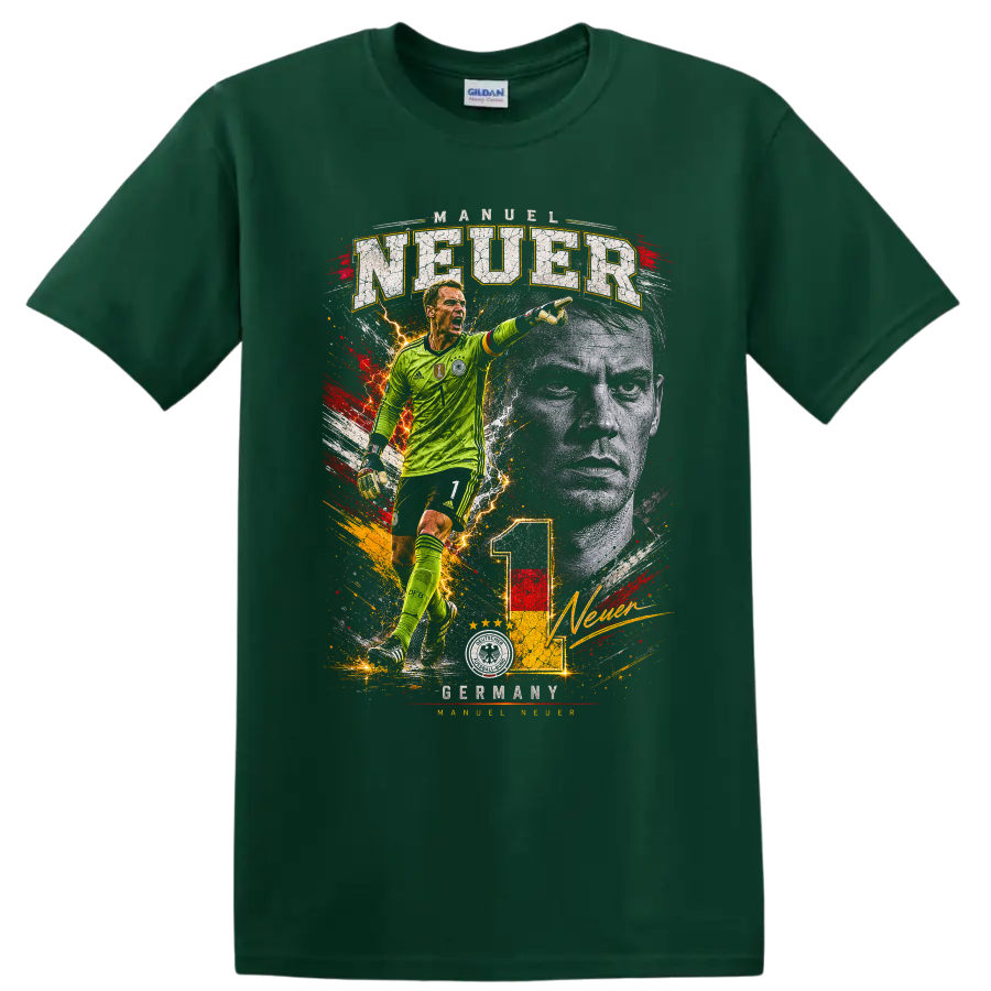 Manuel Neuer Germany goalkeeper action graphic with distressed lettering on a Forest Green T Shirt