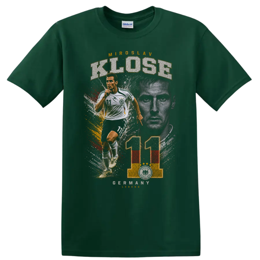 Miroslav Klose Germany soccer number 11 action portrait graphic on a Forest Green T Shirt