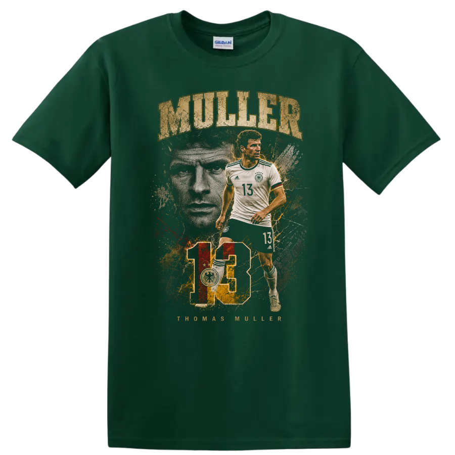 Thomas Müller Germany soccer player vintage portrait with MULLER text on a Forest Green T Shirt