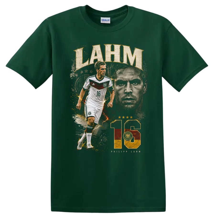 Philipp Lahm Germany soccer tribute graphic with LAHM text and number 16 on a Forest Green T Shirt