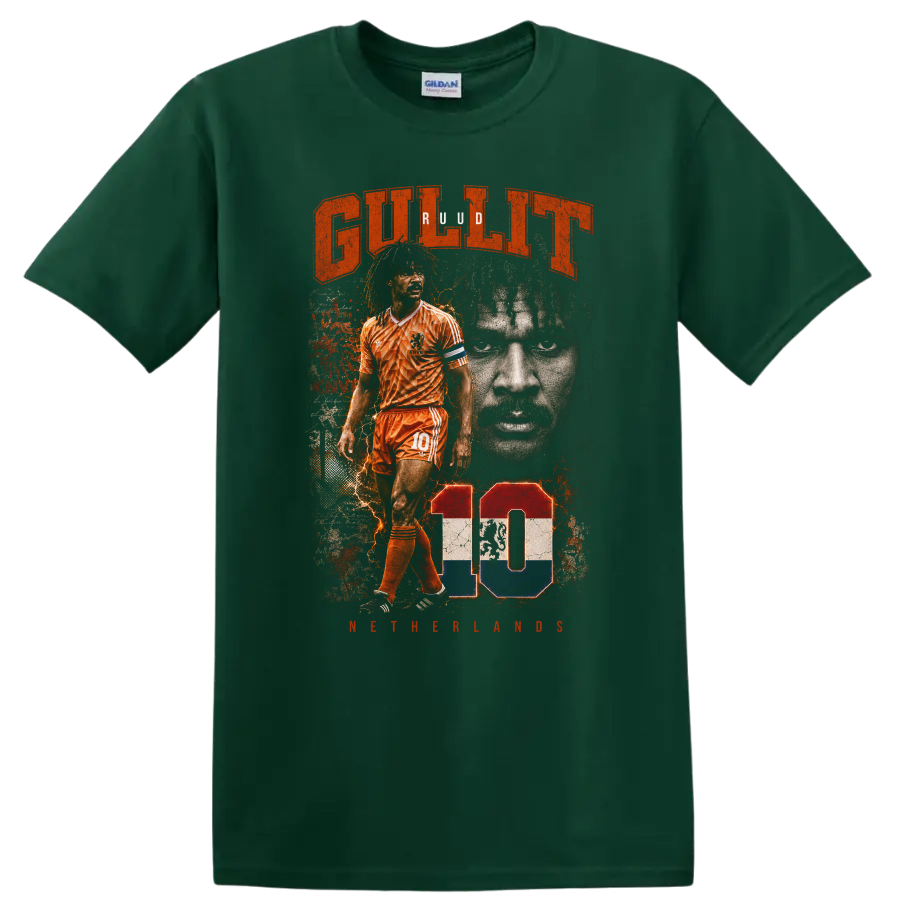Ruud Gullit Netherlands soccer graphic with orange kit and number 10 on a Forest Green T Shirt