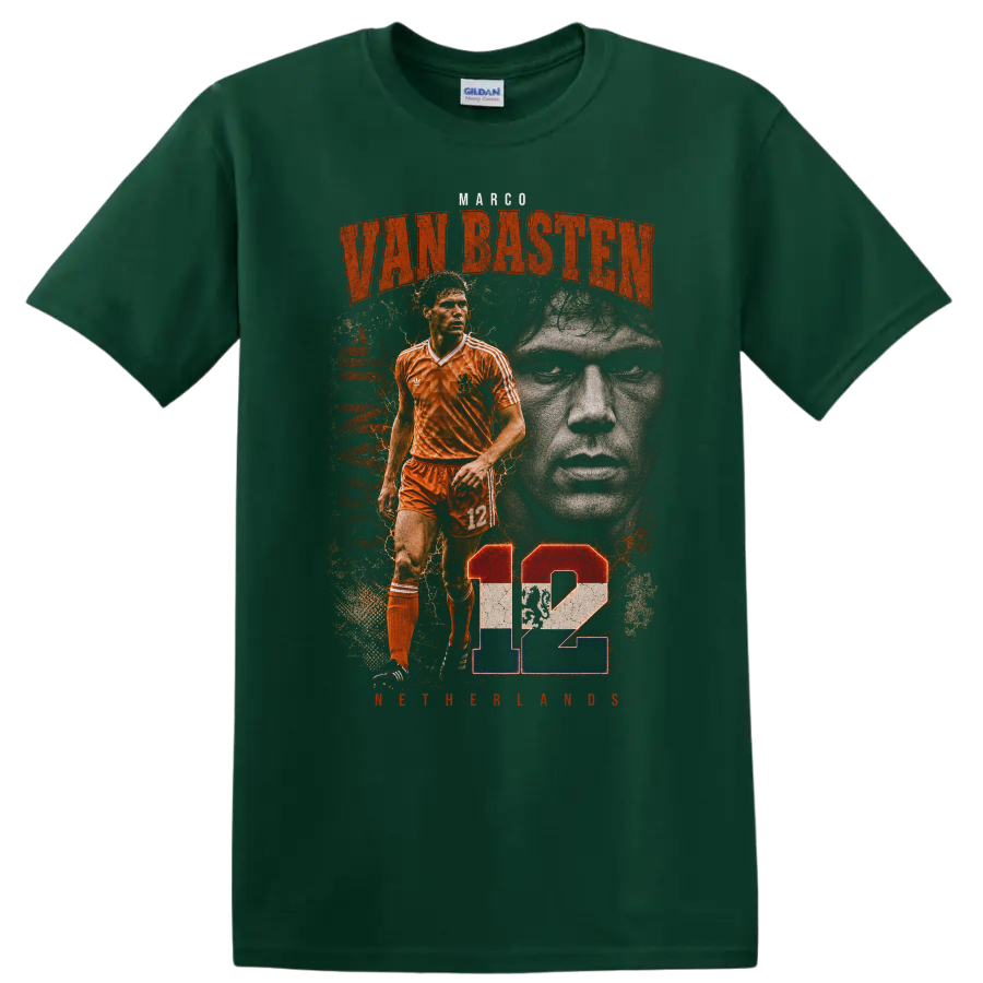 Marco van Basten Netherlands soccer retro graphic with number 12 on a Forest Green T Shirt