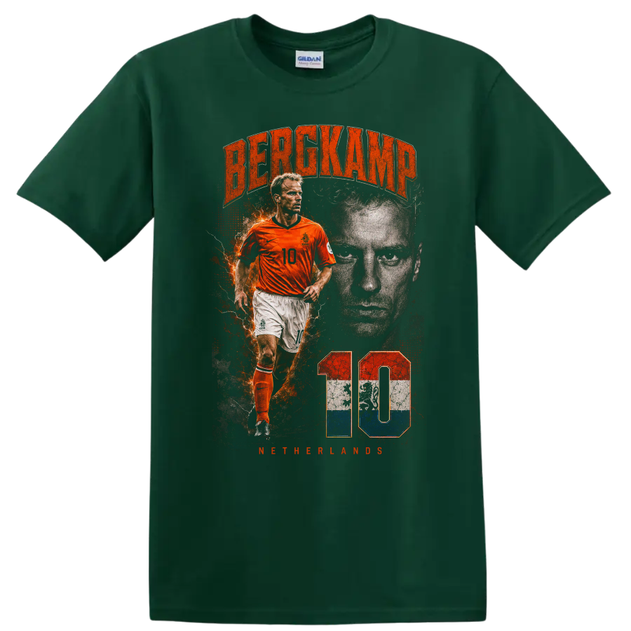 Dennis Bergkamp Netherlands soccer portrait with number 10 on a Forest Green T Shirt