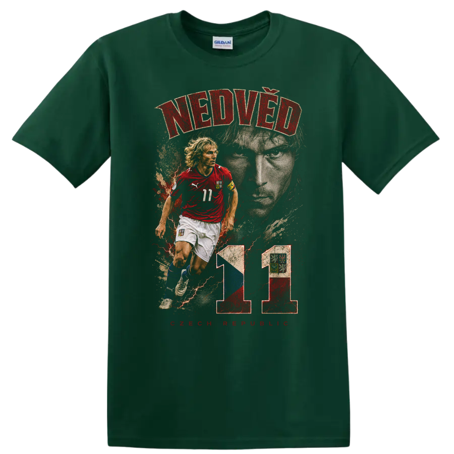 Pavel Nedvěd Czech soccer action portrait with number 11 graphic on a Forest Green T Shirt