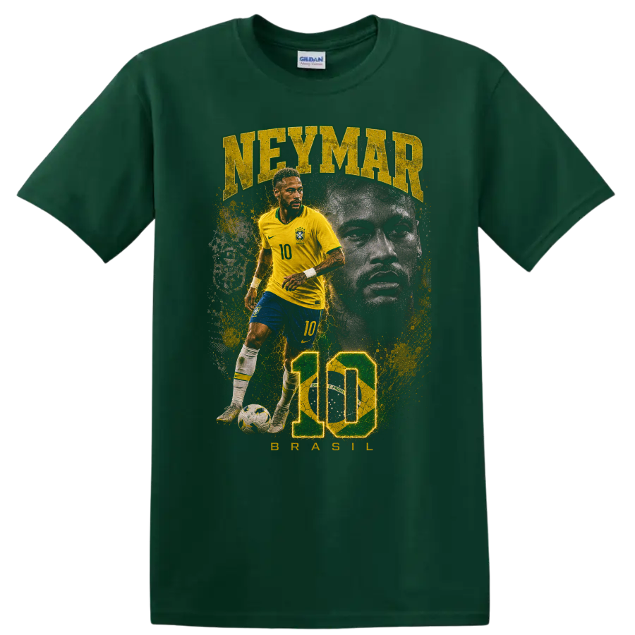Neymar Jr Brazil soccer player number 10 portrait graphic on a Forest Green T Shirt