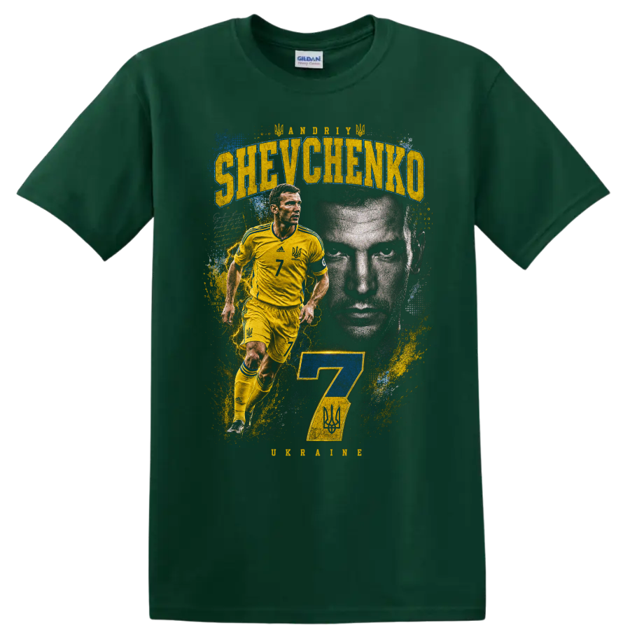 Andriy Shevchenko Ukraine soccer action portrait with number 7 on a Forest Green T Shirt