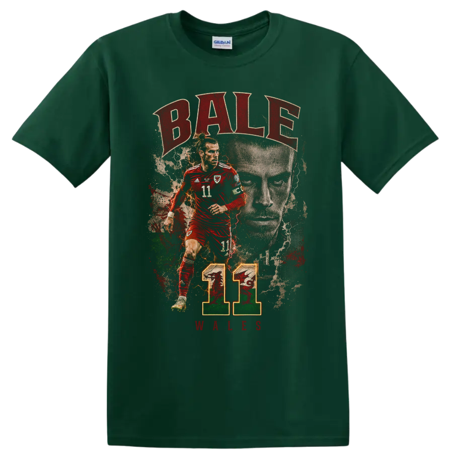 Gareth Bale Wales soccer graphic with BALE, WALES, and number 11 on a Forest Green T Shirt