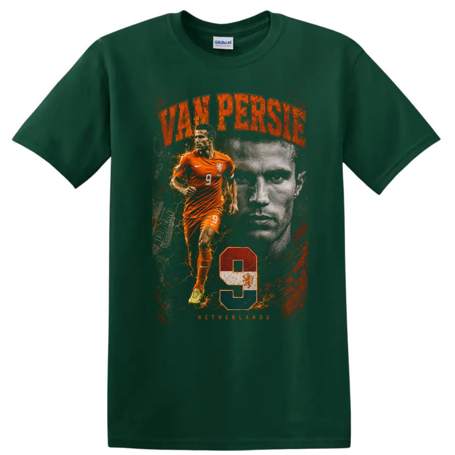 Robin van Persie Netherlands soccer vintage action portrait number 9 on a Forest Green T Shirt