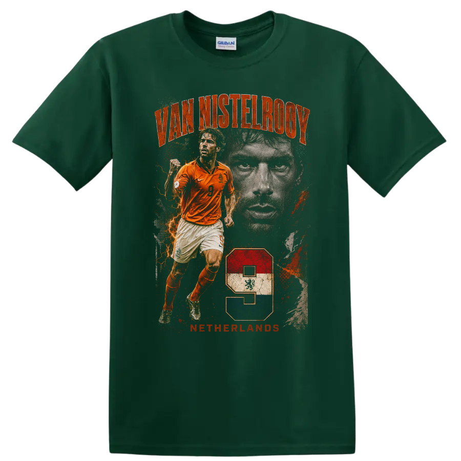 Ruud van Nistelrooy Netherlands soccer graphic with VAN NISTELROOY text on a Forest Green T Shirt