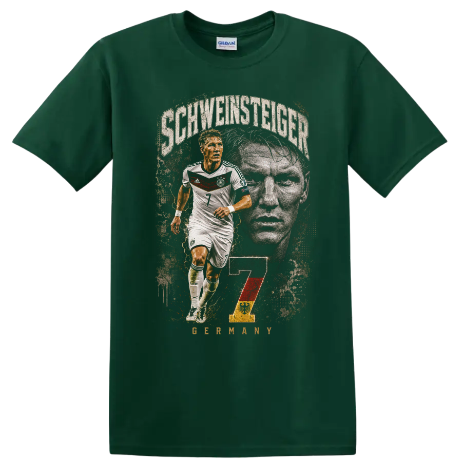 Bastian Schweinsteiger Germany soccer action portrait with number 7 on a Forest Green T Shirt