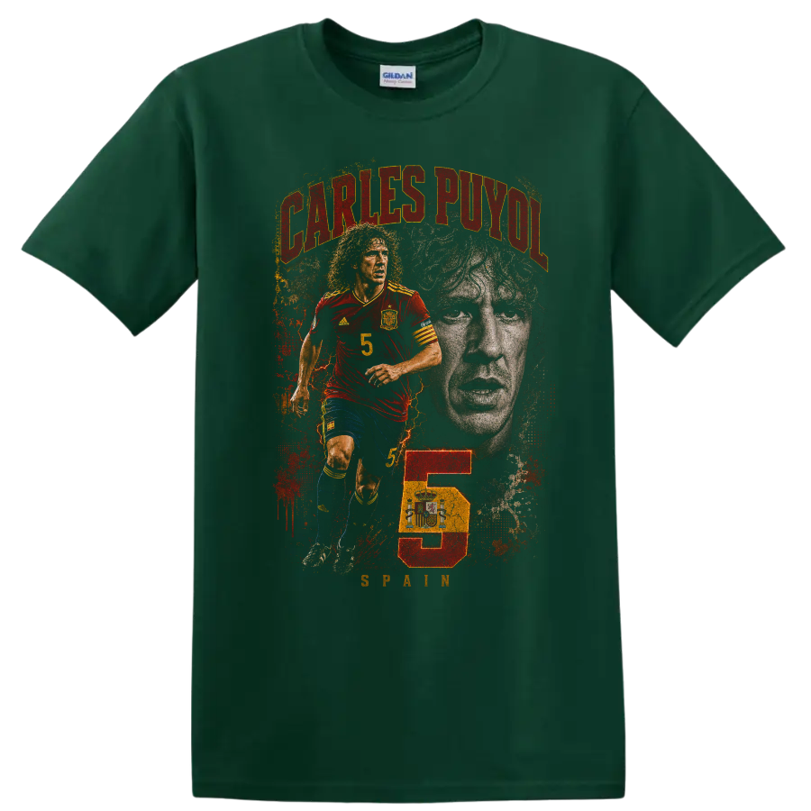 Carles Puyol Spain soccer action and portrait graphic with number 5 on a Forest Green T Shirt