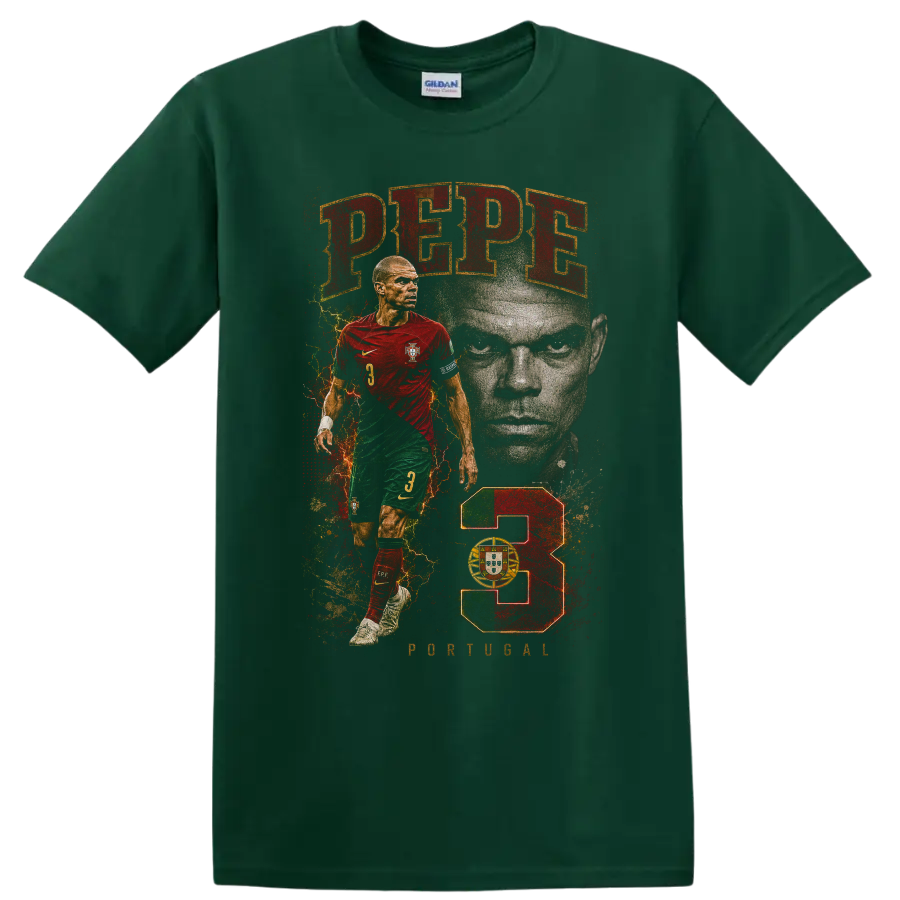 Pepe Portugal soccer player portrait graphic with red and green design on a Forest Green T Shirt