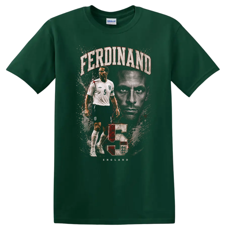 Rio Ferdinand England soccer portrait with FERDINAND text and number 5 on a Forest Green T Shirt