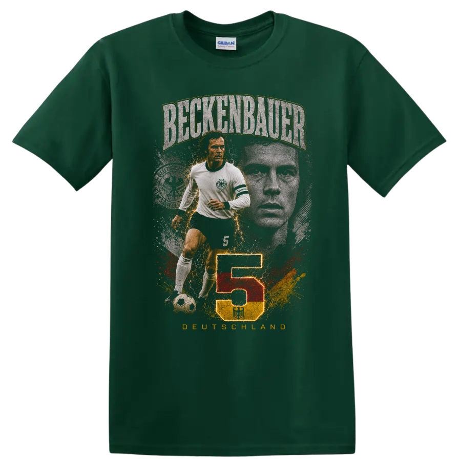 Franz Beckenbauer soccer graphic with BECKENBAUER, number 5, and DEUTSCHLAND on a Forest Green T Shirt